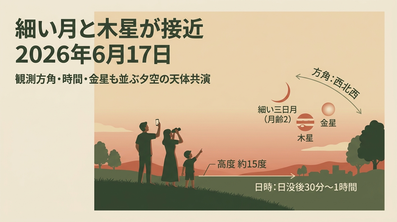 細い月と木星が接近2026年6月17日 観測方角・時間・金星も並ぶ夕空の天体共演など アイキャッチ（PC用）