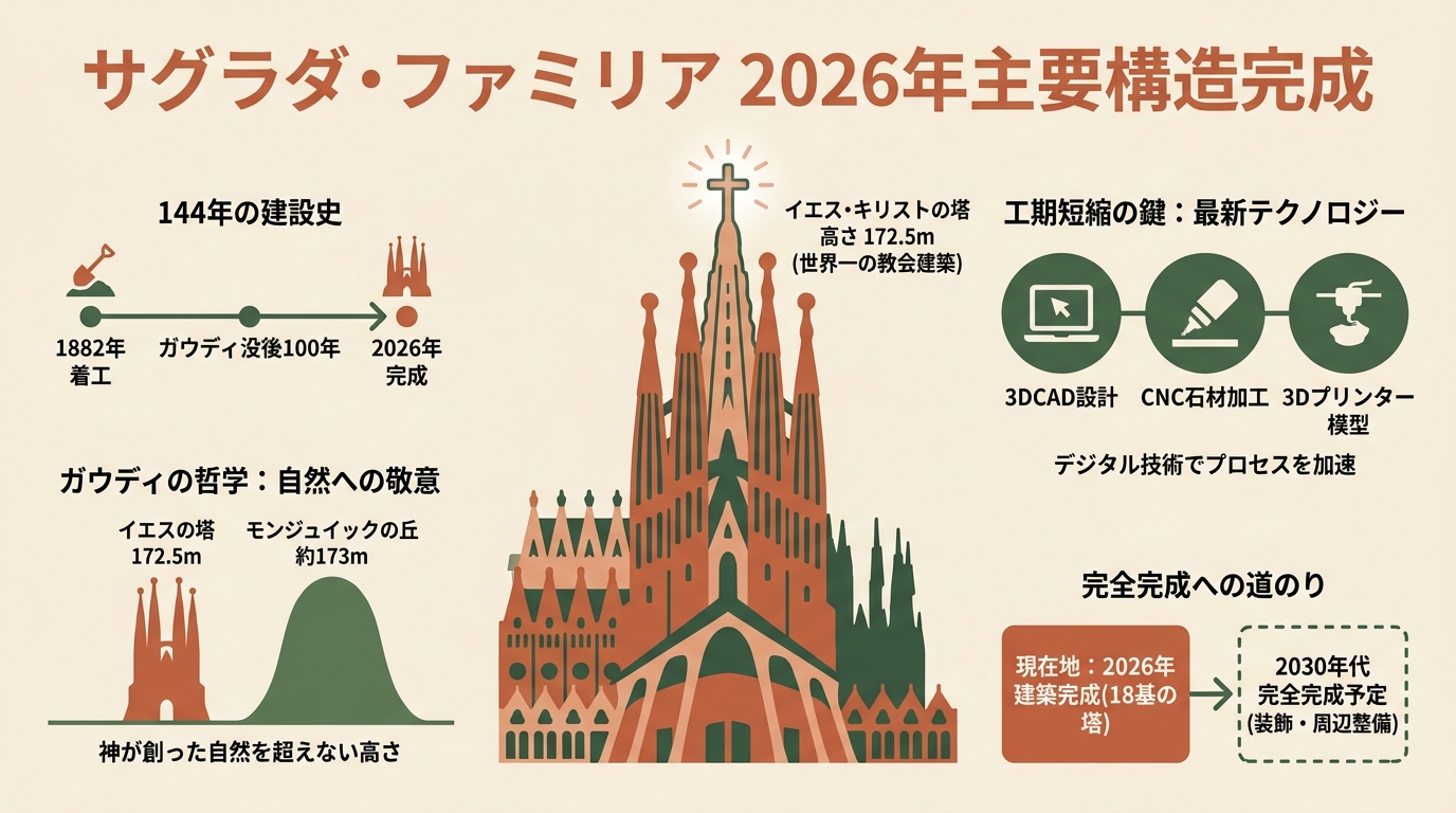 サグラダファミリア完成2026 イエスの塔172.5m・144年の建設史・教皇ミサ・見どころなど アイキャッチ（PC用）