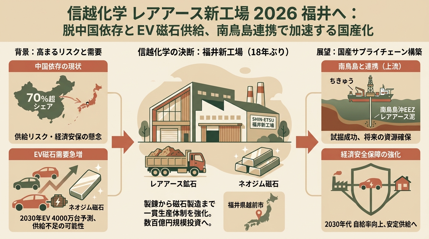 信越化学レアアース新工場2026 福井に18年ぶり建設・脱中国依存・EV磁石・南鳥島試掘など アイキャッチ（PC用）