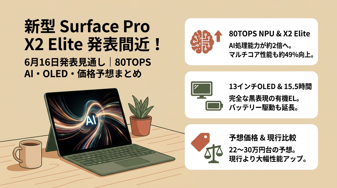 Surface Pro X2 Elite 6月16日発表 80TOPS・OLED・価格予想など アイキャッチ（PC用）