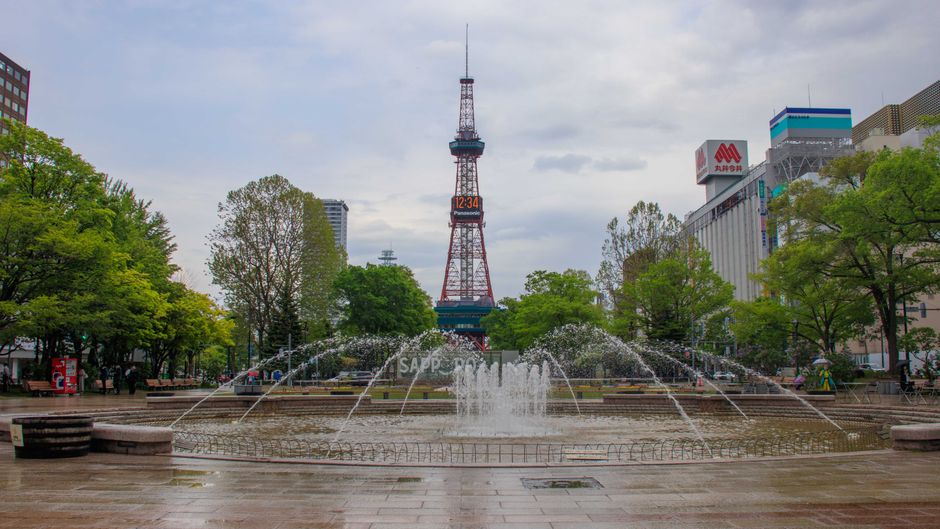 大通公園の噴水と札幌テレビ塔を望む景色。春の都会の風景を象徴している。